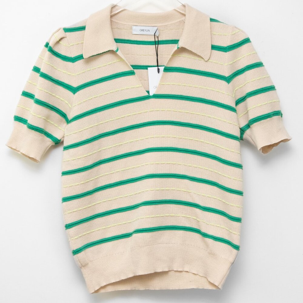 Greylin Billie Knit Polo Top Stripe Collar Short Sleeve Tan Green Medium New - Picture 2 of 6